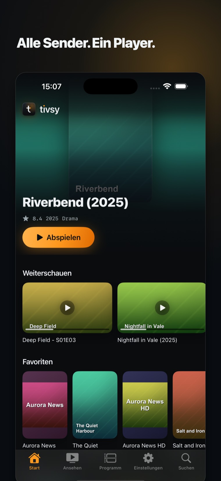 Tivsy auf dem iPhone: ein Film im Rampenlicht über Regalen mit Weiterschauen und Favoriten.