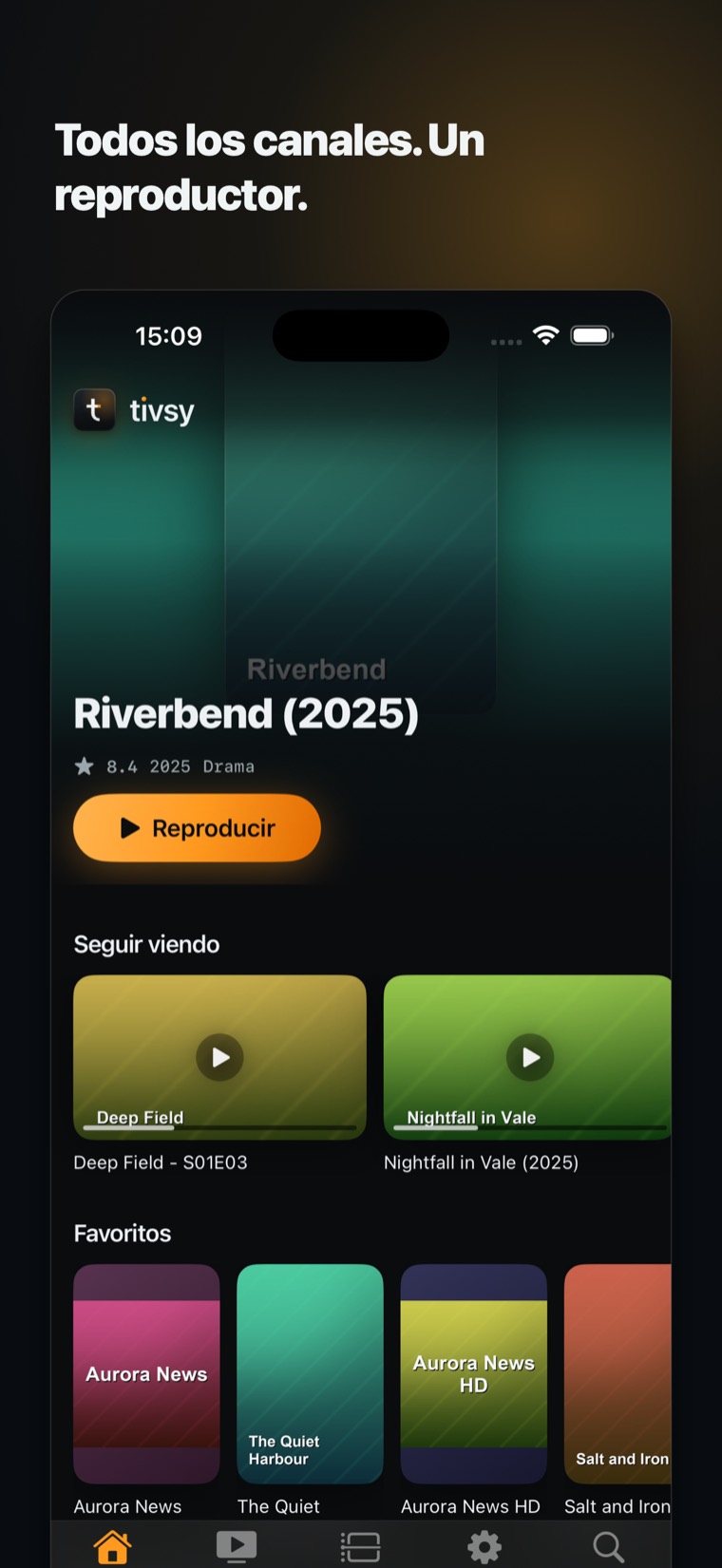 Tivsy en iPhone: una película destacada sobre estantes de continuar viendo y favoritos.