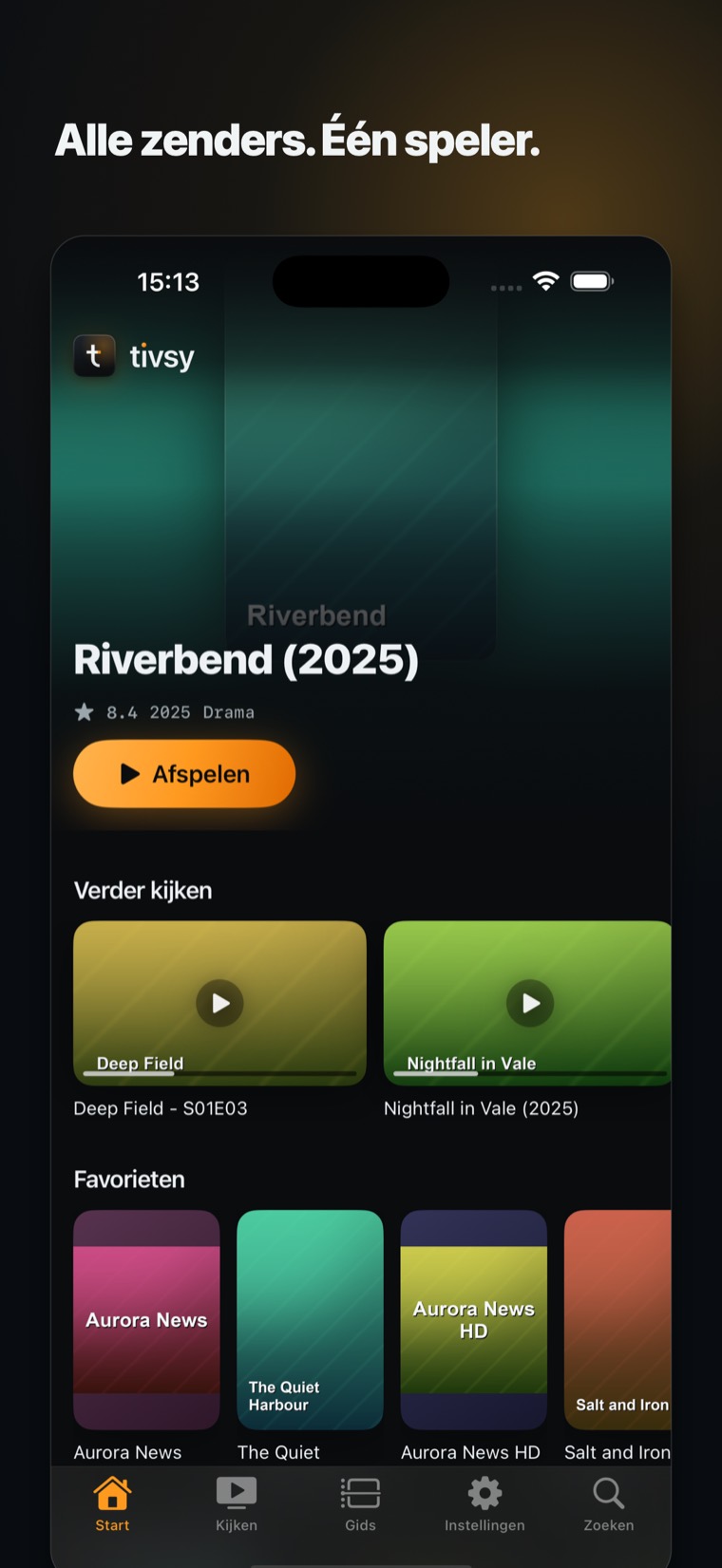 Tivsy op iPhone: een uitgelichte film boven schappen met verderkijken en favorieten.