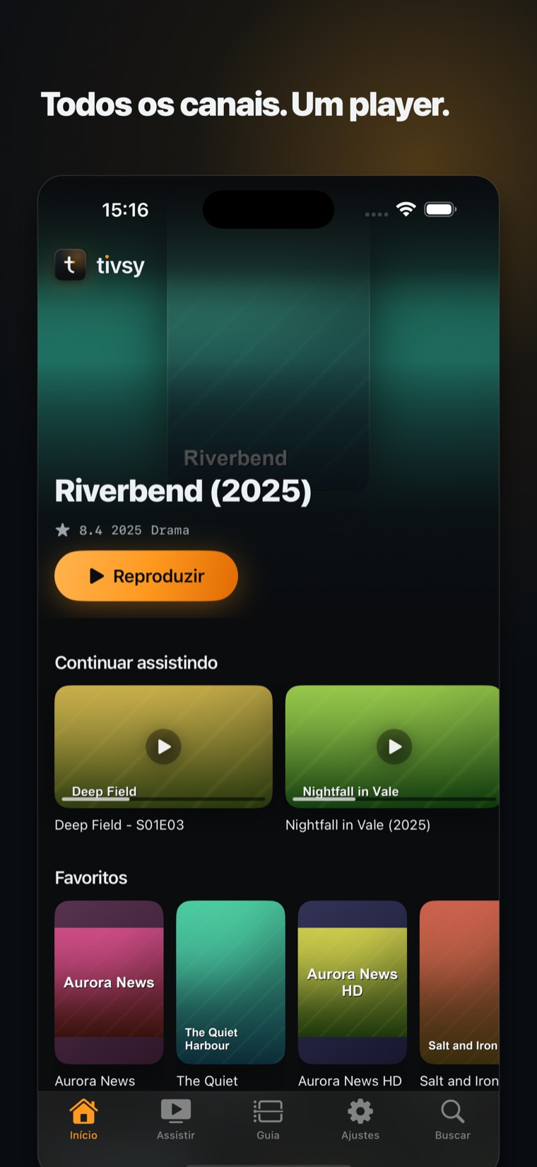 Tivsy no iPhone: um filme em destaque acima das prateleiras de continuar e favoritos.