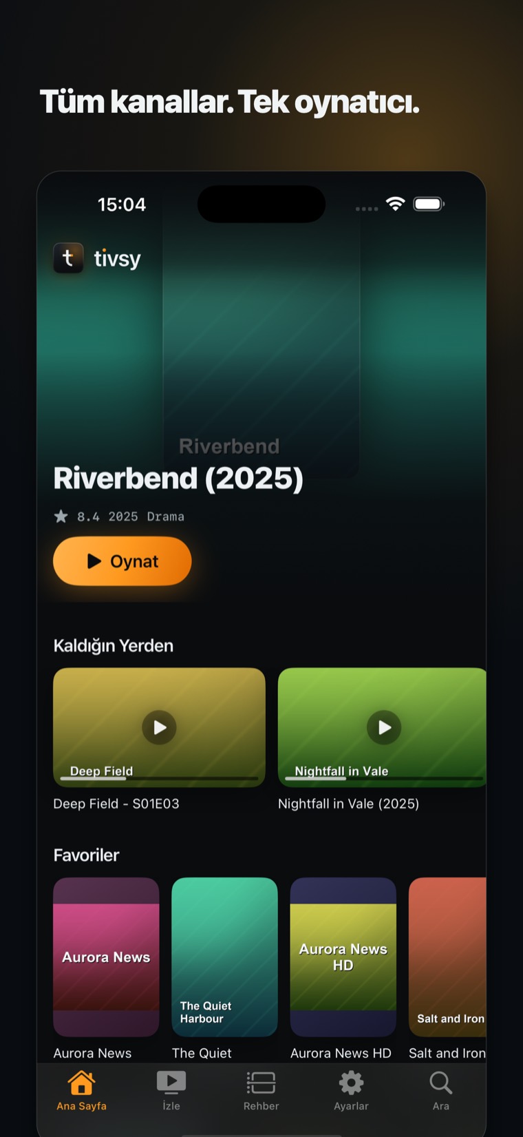 iPhone'da Tivsy: üstte film vitrini, altında kaldığın yer ve favoriler rafları.