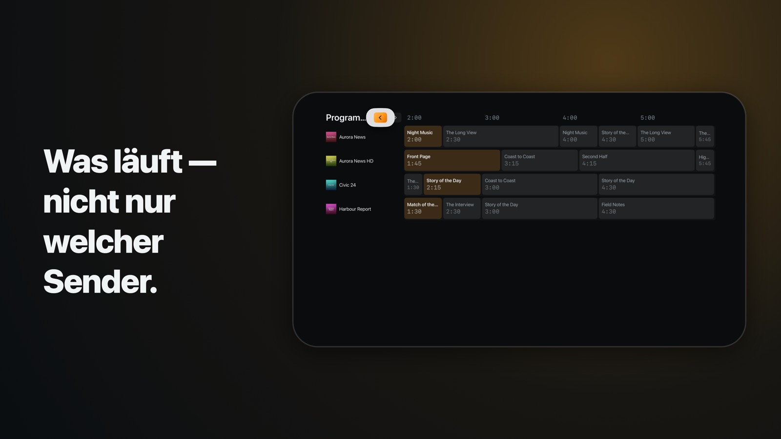 Der Programmführer auf Apple TV: ein Vier-Stunden-Raster mit fester Senderliste links