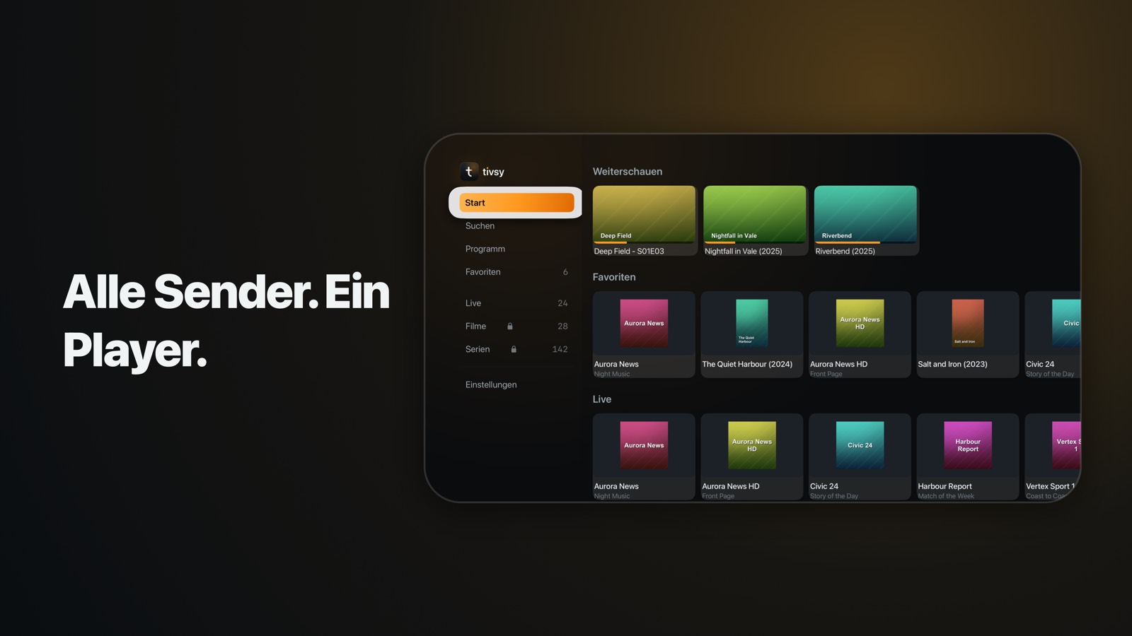 Tivsy auf Apple TV: der Startbildschirm mit Reihen für Weiterschauen, Favoriten und Live