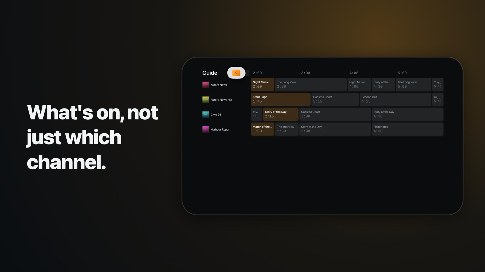 The programme guide on Apple TV, a four-hour grid with the channel list fixed at the left