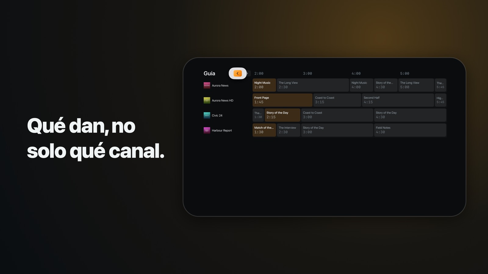 La guía de programación en Apple TV: una cuadrícula de cuatro horas con la lista de canales fija
