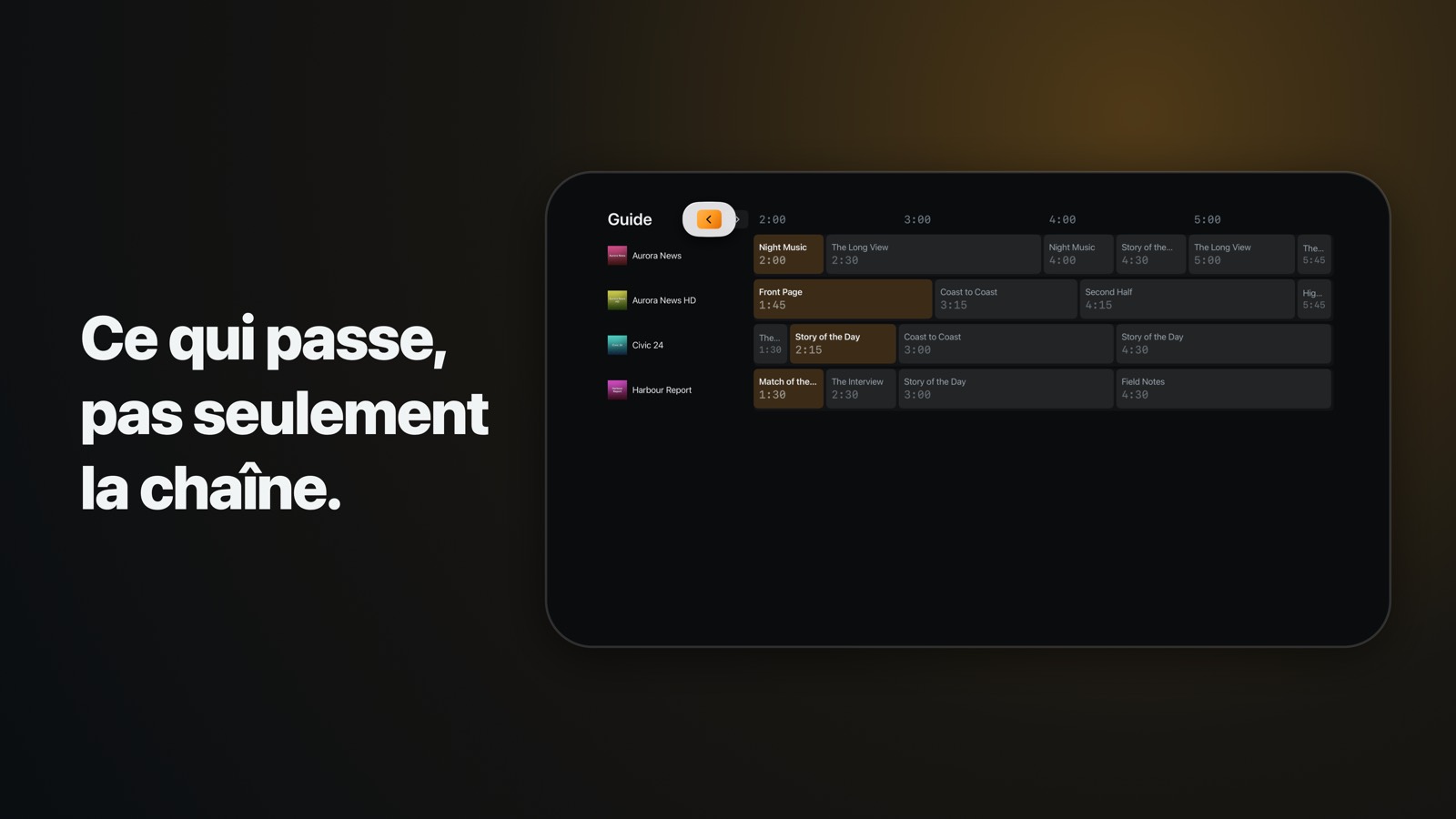 Le guide des programmes sur Apple TV : une grille de quatre heures, liste des chaînes fixée à gauche