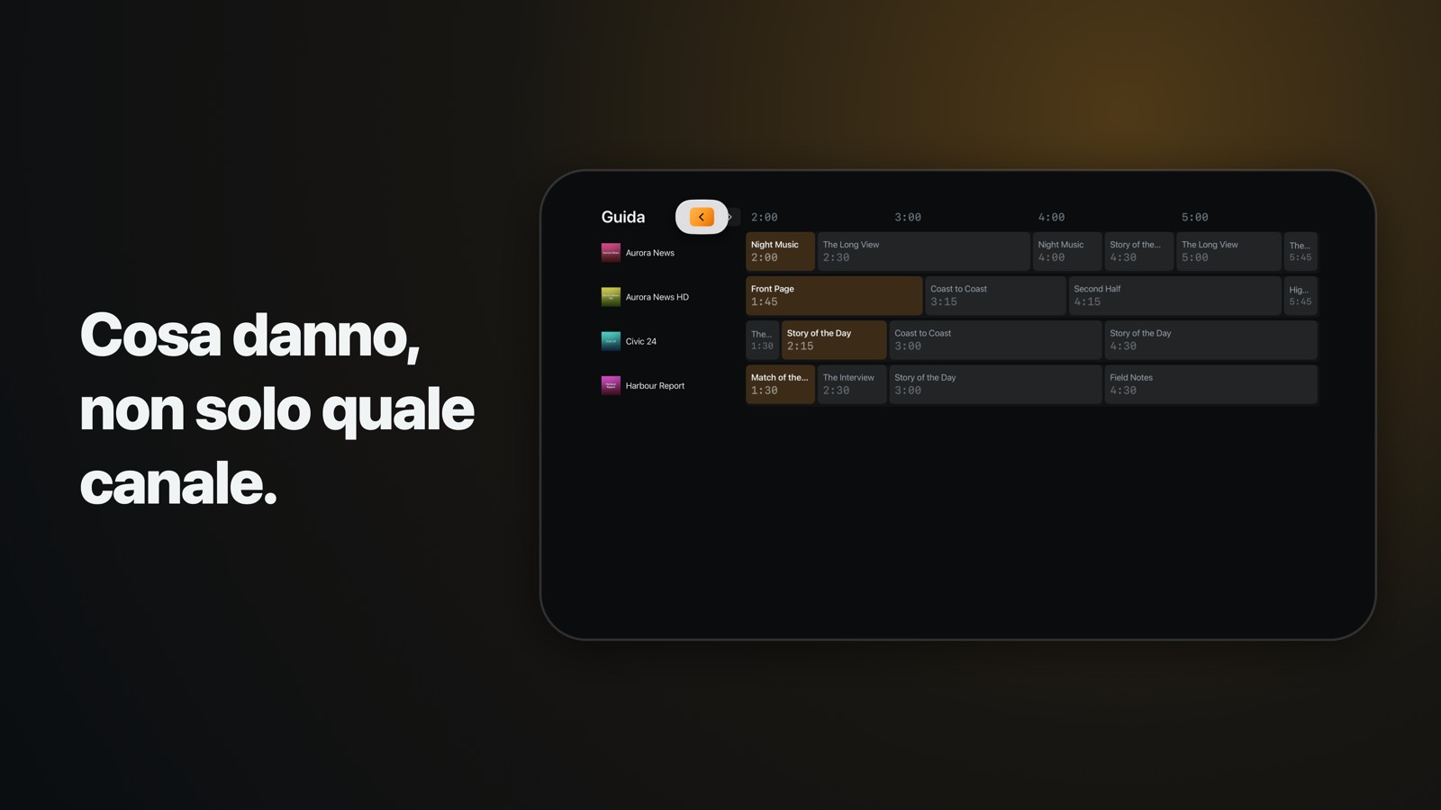La guida ai programmi su Apple TV: una griglia di quattro ore con l'elenco canali fisso a sinistra