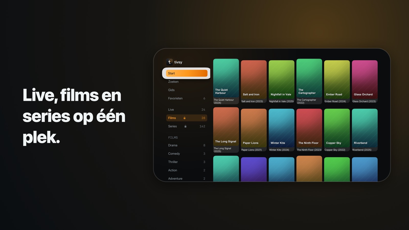 Films doorbladeren op Apple TV, met posters en een slotje op wat Premium opent