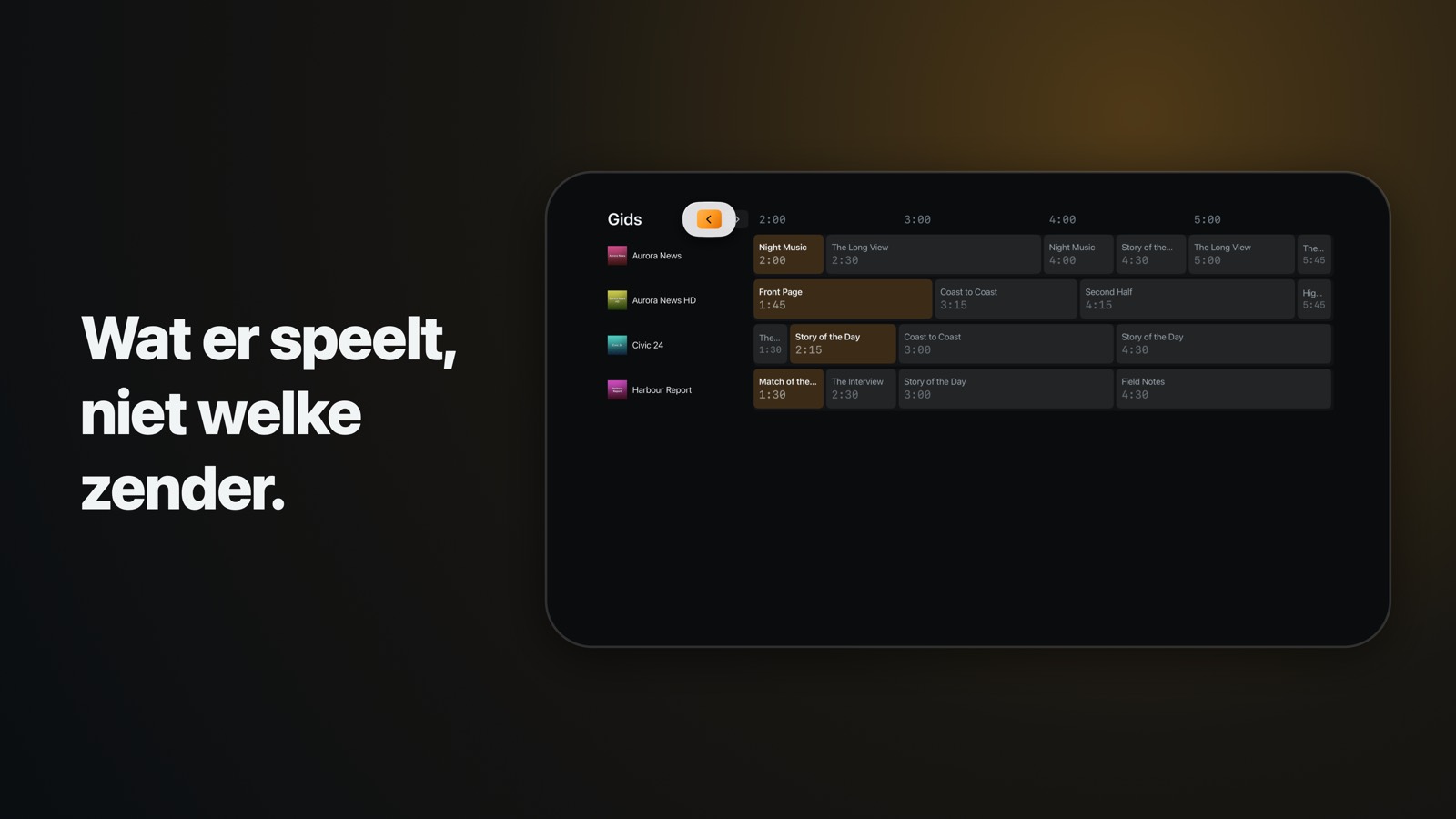 De programmagids op Apple TV: een raster van vier uur met de zenderlijst vast aan de linkerkant