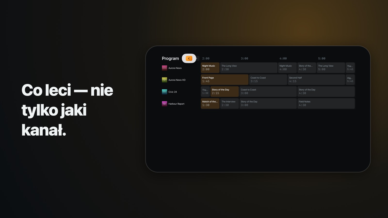 Program telewizyjny na Apple TV: czterogodzinna siatka z listą kanałów przypiętą po lewej