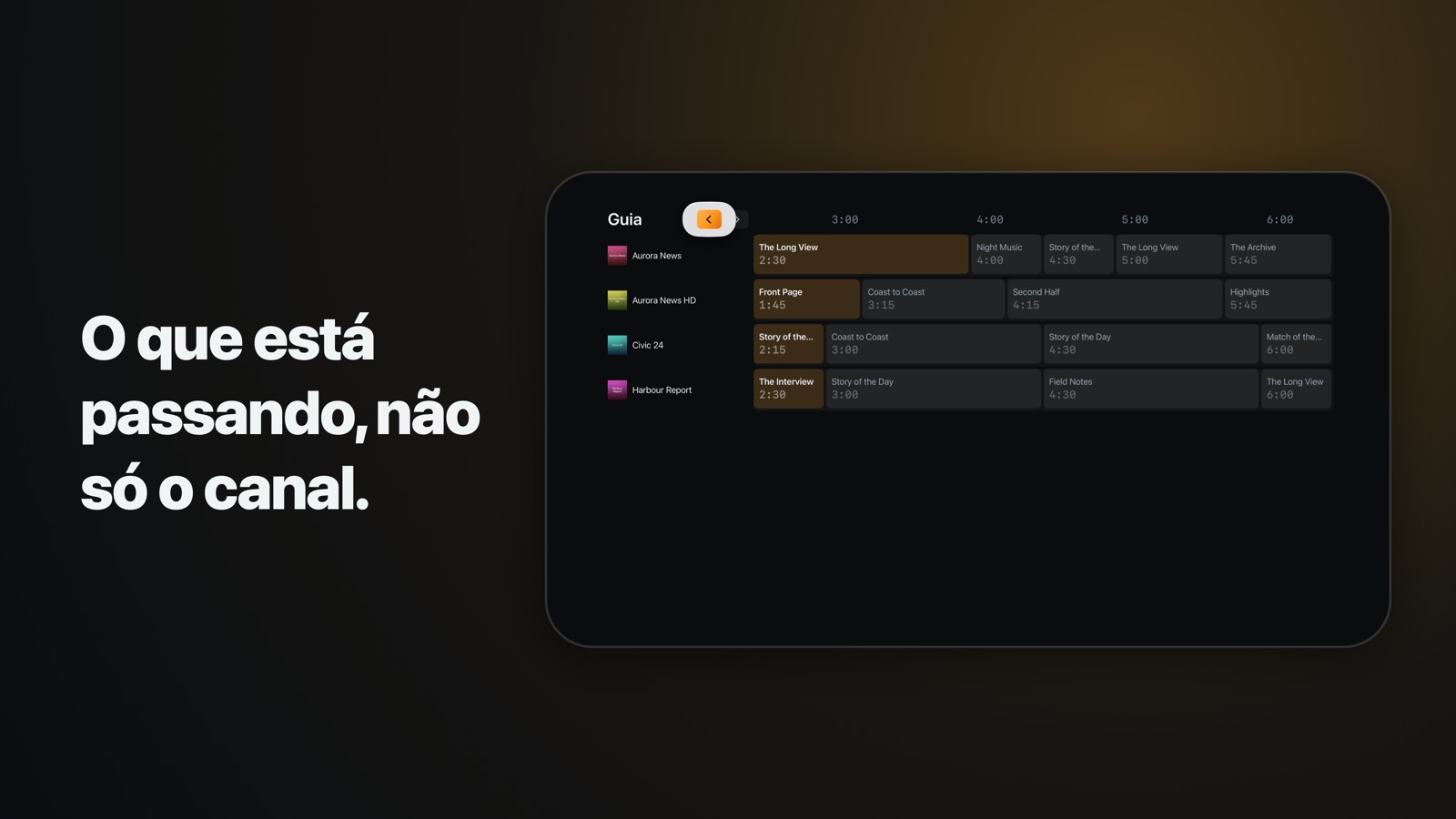 O guia de programação na Apple TV: uma grade de quatro horas com a lista de canais fixa à esquerda