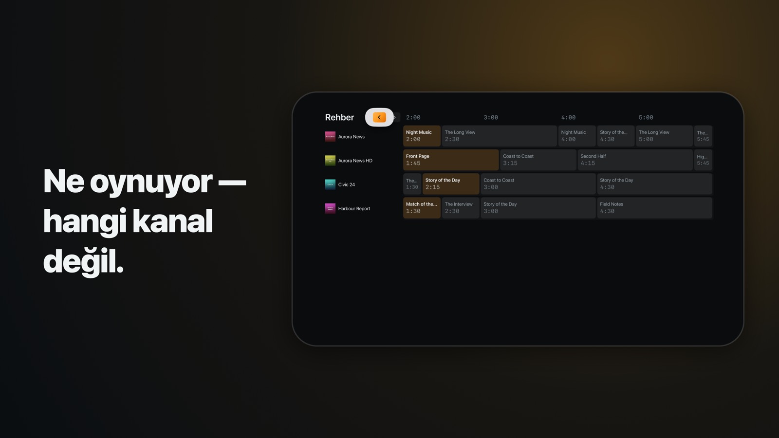 Apple TV'de yayın rehberi: kanal listesi solda sabit, dört saatlik ızgara